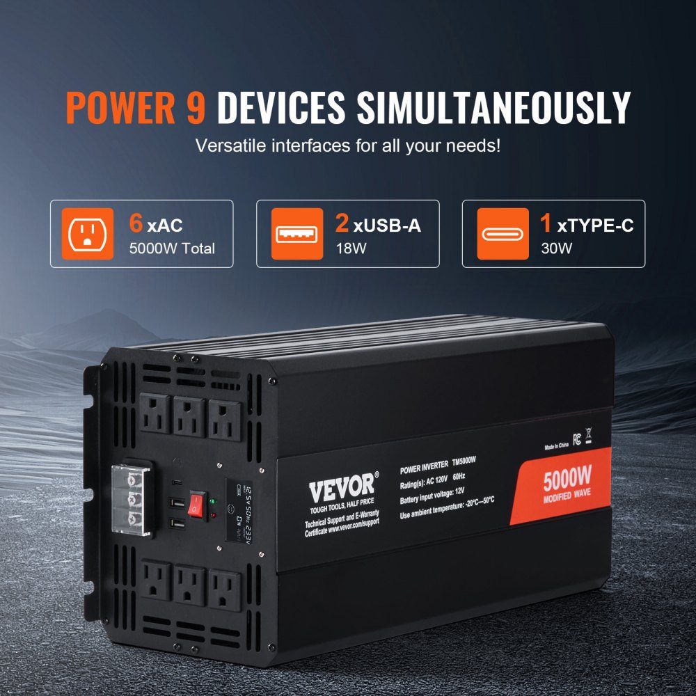 Falownik sinusoidalny 5000W Falownik DC 12V na AC 230V z 2 gniazdami AC, 2 portami USB, 1 portem typu C, wyświetlaczem LCD i pilotem do ciężkich urządzeń gospodarstwa domowego