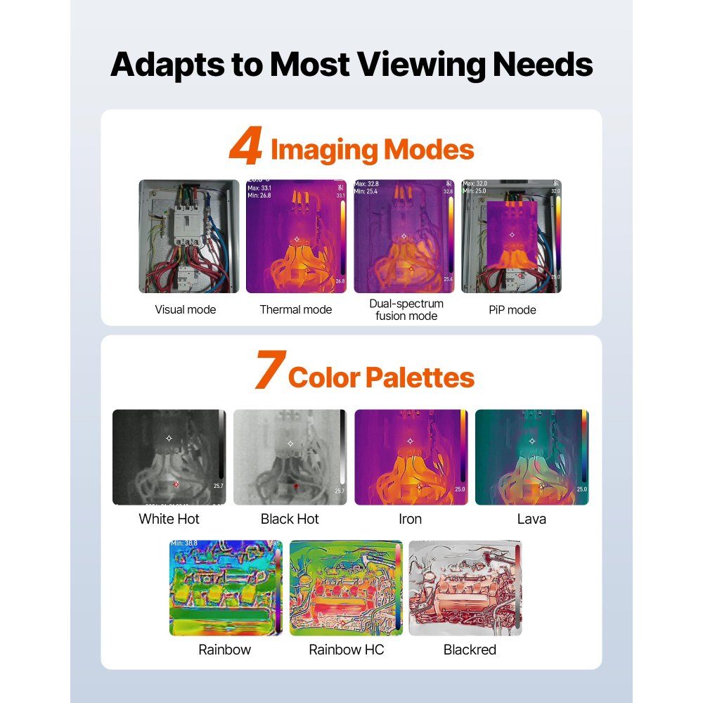 Thermal Imaging Camera, TISR Super Resolution 512 x 384, Thermal Imaging Camera with 2MP visual camera, 256 x 192 IR resolution, 25Hz refresh rate, -20°C to 550°C, 4 image modes and 7 color palettes