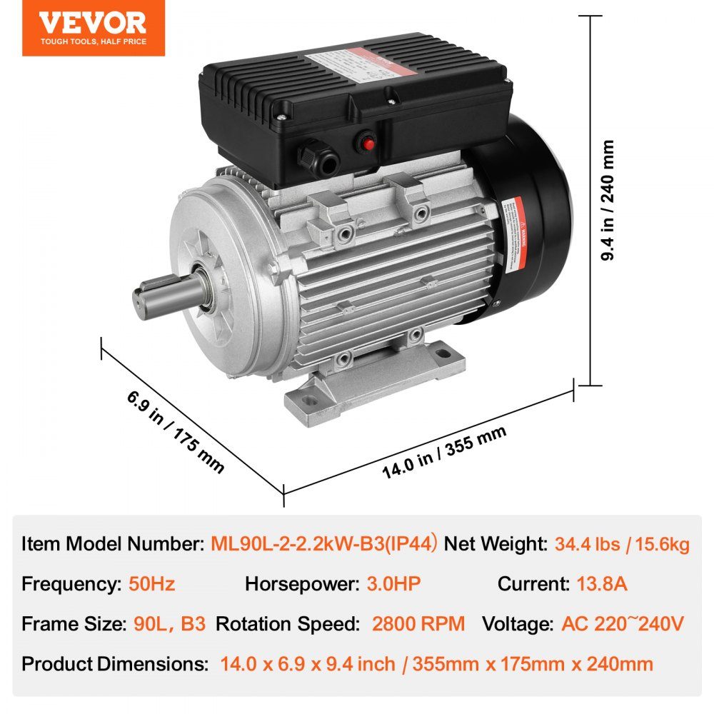 2,2 kW Elektromotor, 2800 U/min, AC 220–240 V, 13,8 A, 90 l, B3-Rahmen, Luftkompressormotor, einphasig, 24 mm Keilwelle, Rechts-/Linksdrehung, für landwirtschaftliche Maschinen und allgemeine Geräte