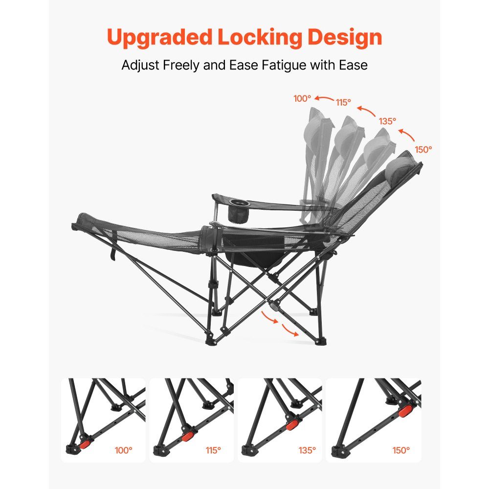 Folding Camping Chair, Deck Chair with 4 Adjustable Positions, Relaxation Chair Lounger with Cup Holder, Mesh Beach Chair with Headrest & Footrest, Load Capacity 100kg, for Outdoor Camping, Gray