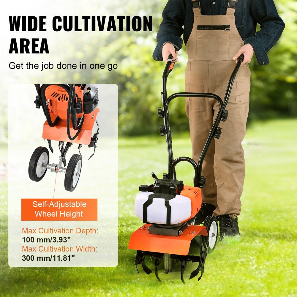 Gartenfräse, 43 CC Hubraum, gasbetriebene Motorhacke, 300 mm Bearbeitungsbreite, Motorfräse, 100 mm Bearbeitungstiefe, Bodenhacke, Stahlbearbeitungsmesser, Bodenfräse, 1110 x 448 x 910 mm, Grubber