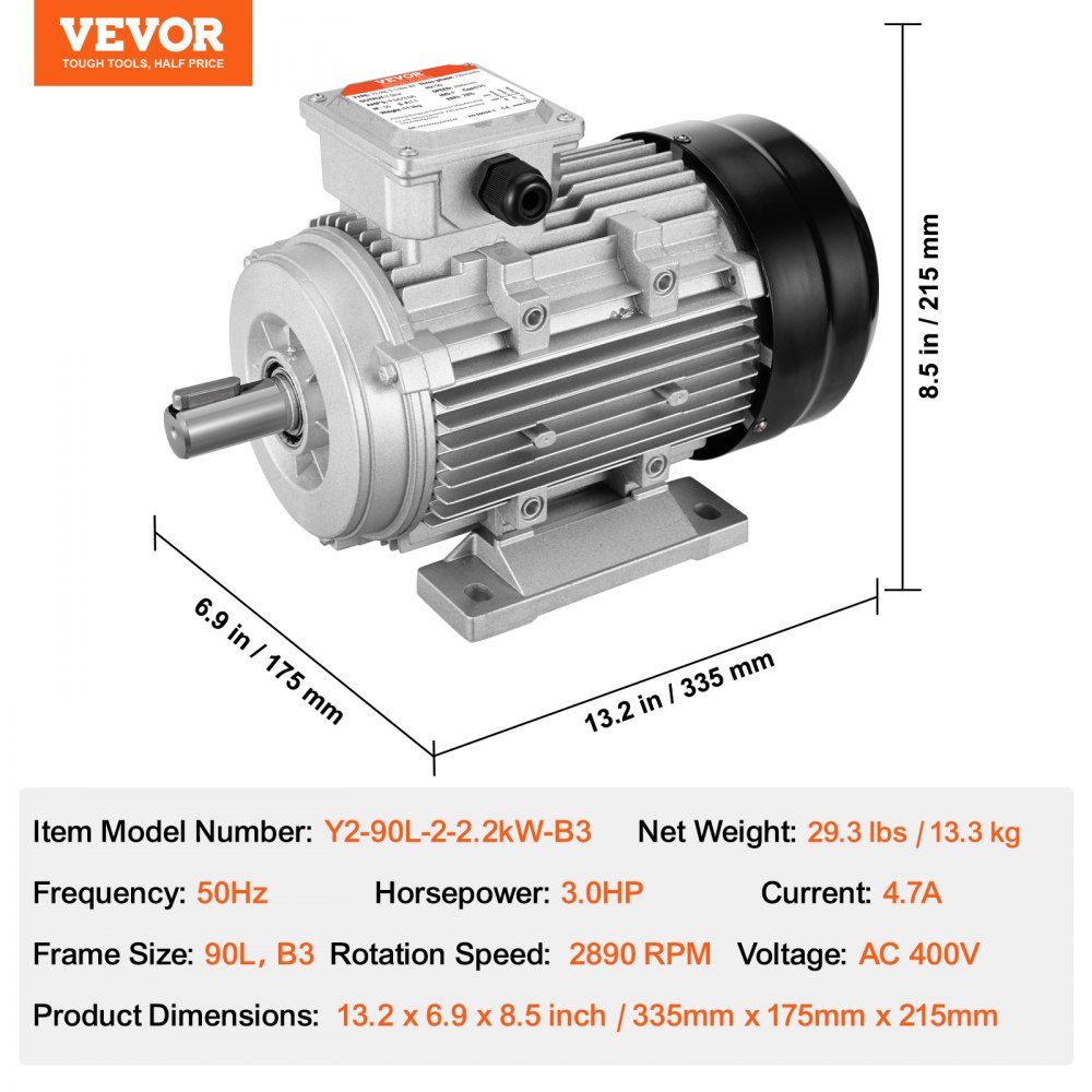 2,2 kW Elektromotor, 2890 U/min, AC 400 V, 4,7 A, 90 l, B3-Rahmen, Luftkompressormotor, 3 Phasen, 24 mm Keilwelle, Rechts-/Linksdrehung, für landwirtschaftliche Maschinen und allgemeine Geräte