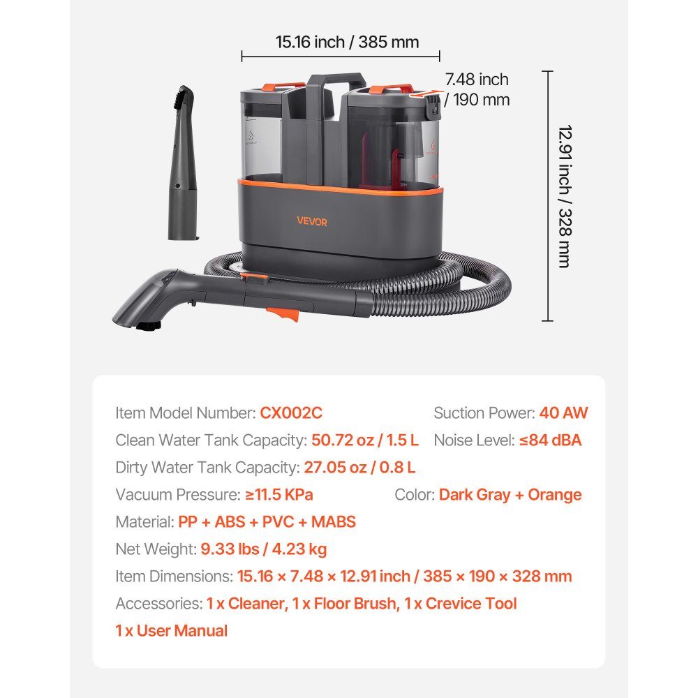 Machine de nettoyage de tapis, réservoir d'eau douce de 1,5 L et réservoir d'eau sale de 0,8 L, nettoyeur de tissus d'ameublement portable, aspirateur de lavage 11,5 kPa, nettoyeur de taches en profondeur pour tapis, canapé, nettoyage ménager