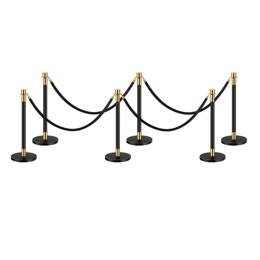 Barrier posts (6 pieces) for crowd control with 4 black velvet ropes (1.5 m long), stainless steel barrier stand with refillable base for exhibitions