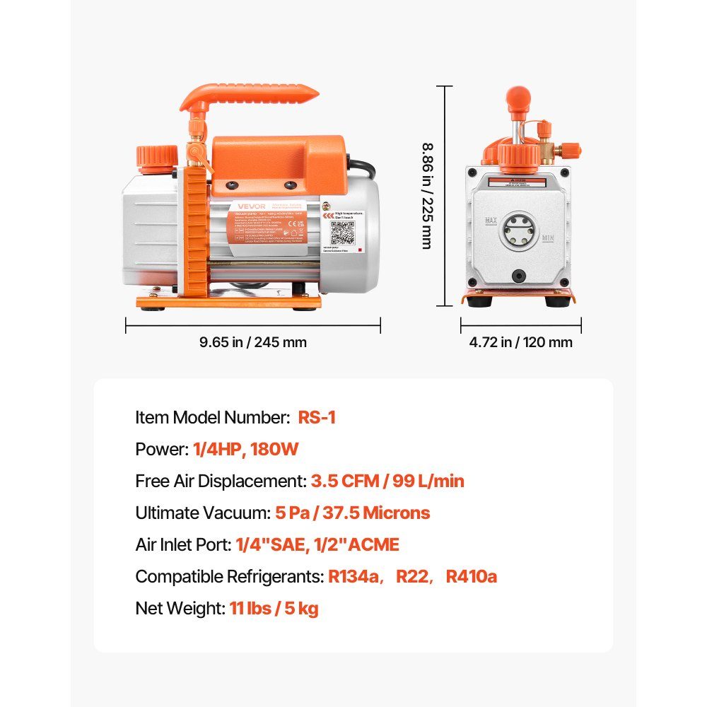 Vacuum pump, 3.5 CFM 99 L/min, 1 stage, 180W, suitable for R134a, R22 and R410a systems, 4-pole motor, for automotive air conditioning maintenance and resin degassing, including oil