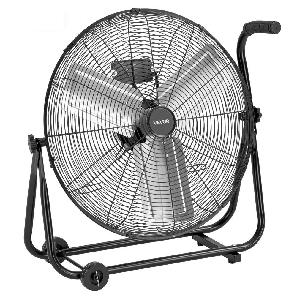 Vloerventilator Ø609,6mm, windmachine 360° kantelbaar, staande ventilator met 3 snelheden, draagbare trommelventilator met handvatrollen & 1,6m kabel, industriële ventilator voor garageopslag