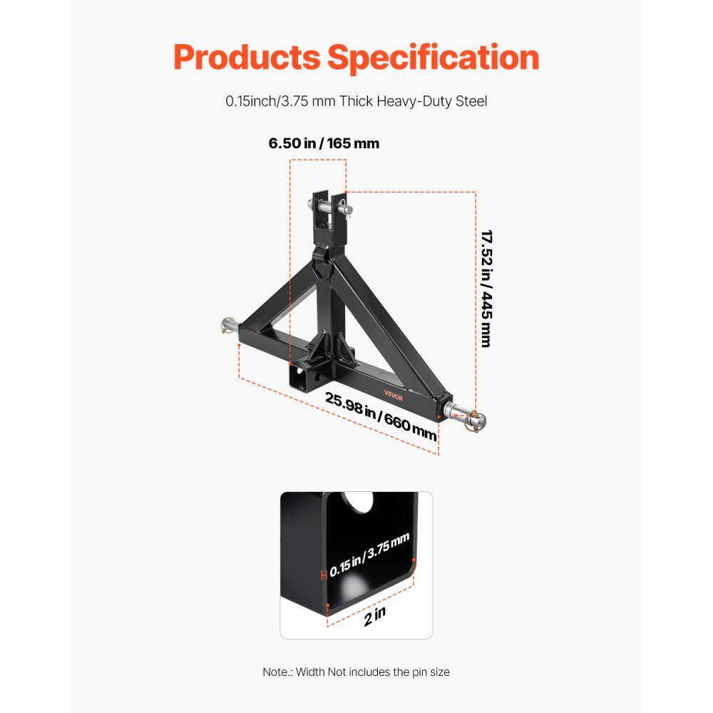 3 Point Tow Hitch with 2" Receiver Three Point Mount 3000lb Capacity Tractor Tow Hitch Adapter Compatible with Kubota, Mahindra, John Deere, Massey Ferguson – Part No. HT-22603