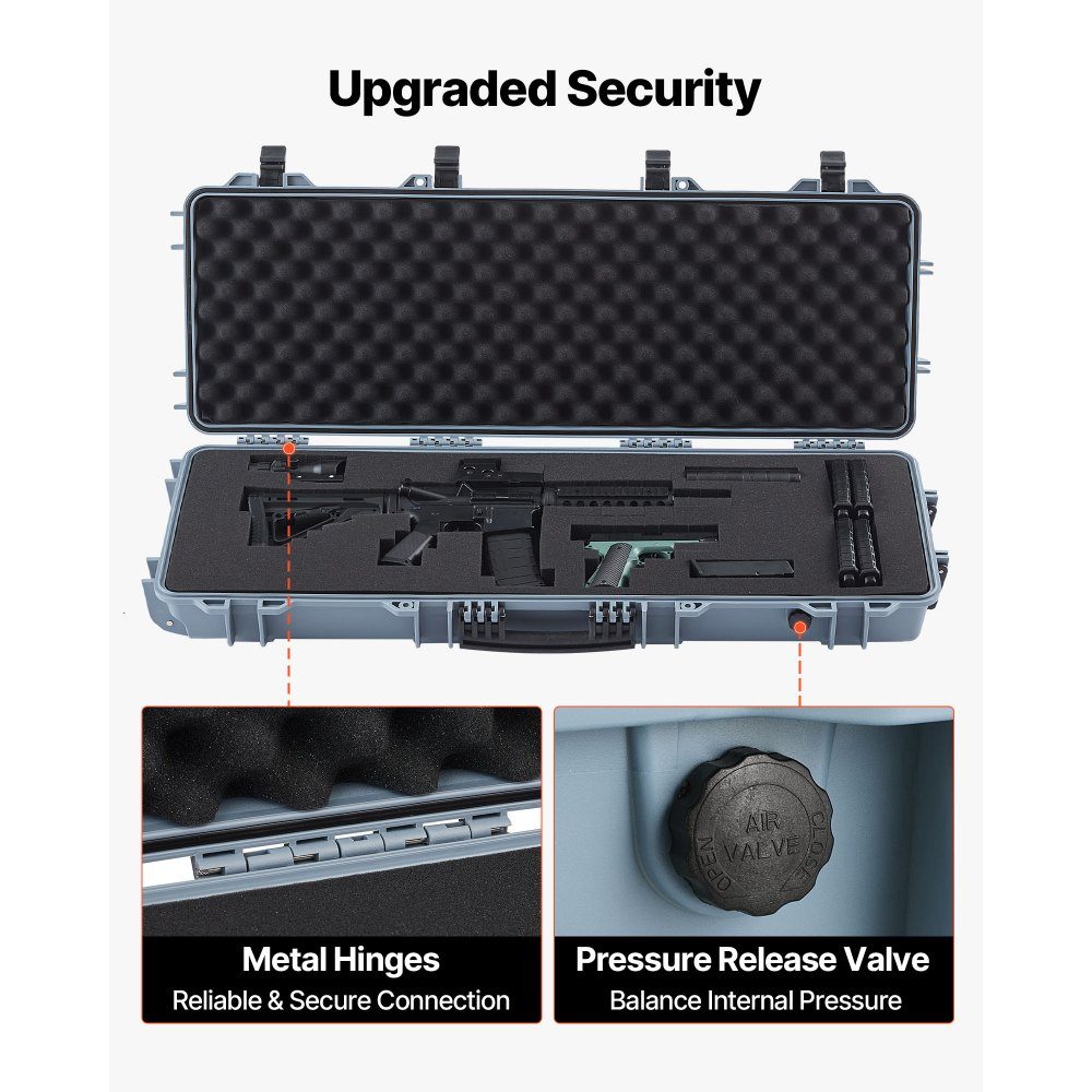 Waffenkoffer mit Hartschale für Langwaffen, abschließbarer Waffenkoffer mit vorgeschnittenem Schaumstoff, Langwaffenkoffer, Waffenaufbewahrung, rollbar, IP67 wasserdicht, 108,9 x 39,2 x 15,5 cm grau