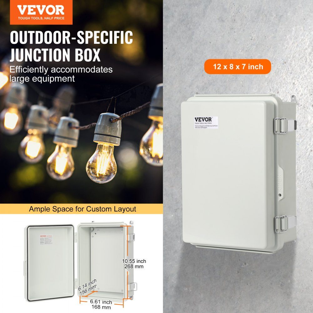 Outdoor Electrical Junction Box 300x200x180mm ABS Plastic Electrical Enclosure with Hinged Lid Stainless Steel Latch IP67 for Outdoor Electrical Projects