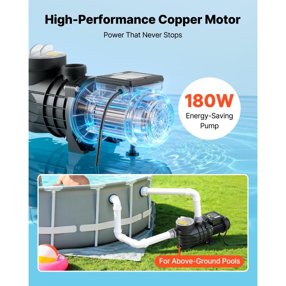 Schwimmbadpumpe 180 W, Filterpumpe 10.800 L/H max. Förderleistung, einstufige Poolpumpe, 2850 U/min, 8 m max. Förderhöhe, mit Filterkorb & Deckel, für Aufstellbecken, Pools & Spas