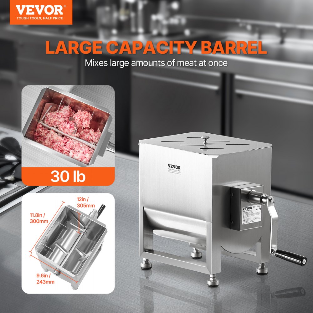 Handmatige vleesmixer, vleesverwerkingsapparatuur (maximaal mengen 13,61 kg vlees), roestvrijstalen vleesmixer, worstmixer met reductietandwiel, handmixer voor gehakt Handmatige vleesmixer, vleesverwerkingsapparatuur (maximaal mengen 13,61 kg vlees), roestvrijstalen vleesmixer, worstmixer met reductietandwiel, handmixer voor gehakt