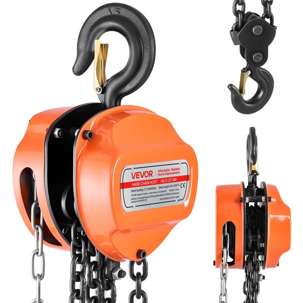 Palan à chaîne de charge 2T Palan à chaîne manuel Palan à chaîne de 6 m de hauteur avec chaîne G80 Poulie robuste Palans manuels Poulie à chaîne pour garage entrepôt Machines automobiles Orange