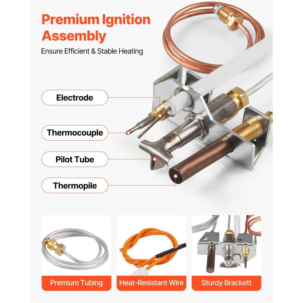 Natural Gas Pilot Burner Assembly, OE 4021-732, 25660 Fireplace Gas Pilot Flame Replacement for Natural Gas Ignition with Ignition Tube, Thermocouple, Thermopile, Wires, Compatible with Heater Models