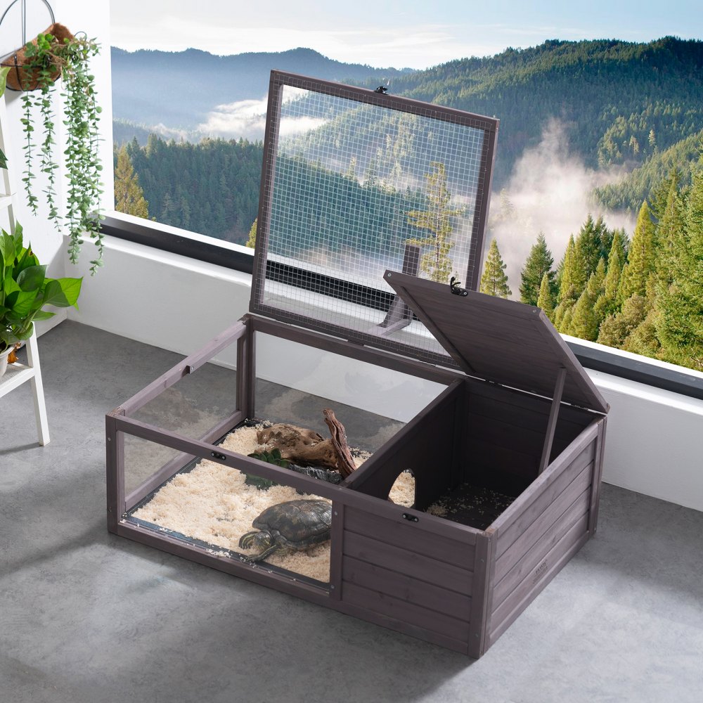 Habitat pour tortues, maison en bois pour tortues pour intérieur et extérieur, enclos pour tortues avec support de lumière suspendu, enclos pour reptiles 2 pièces, cage pour petits animaux pour geckos, lézards, serpents, 96,5 x 61 x 33 cm