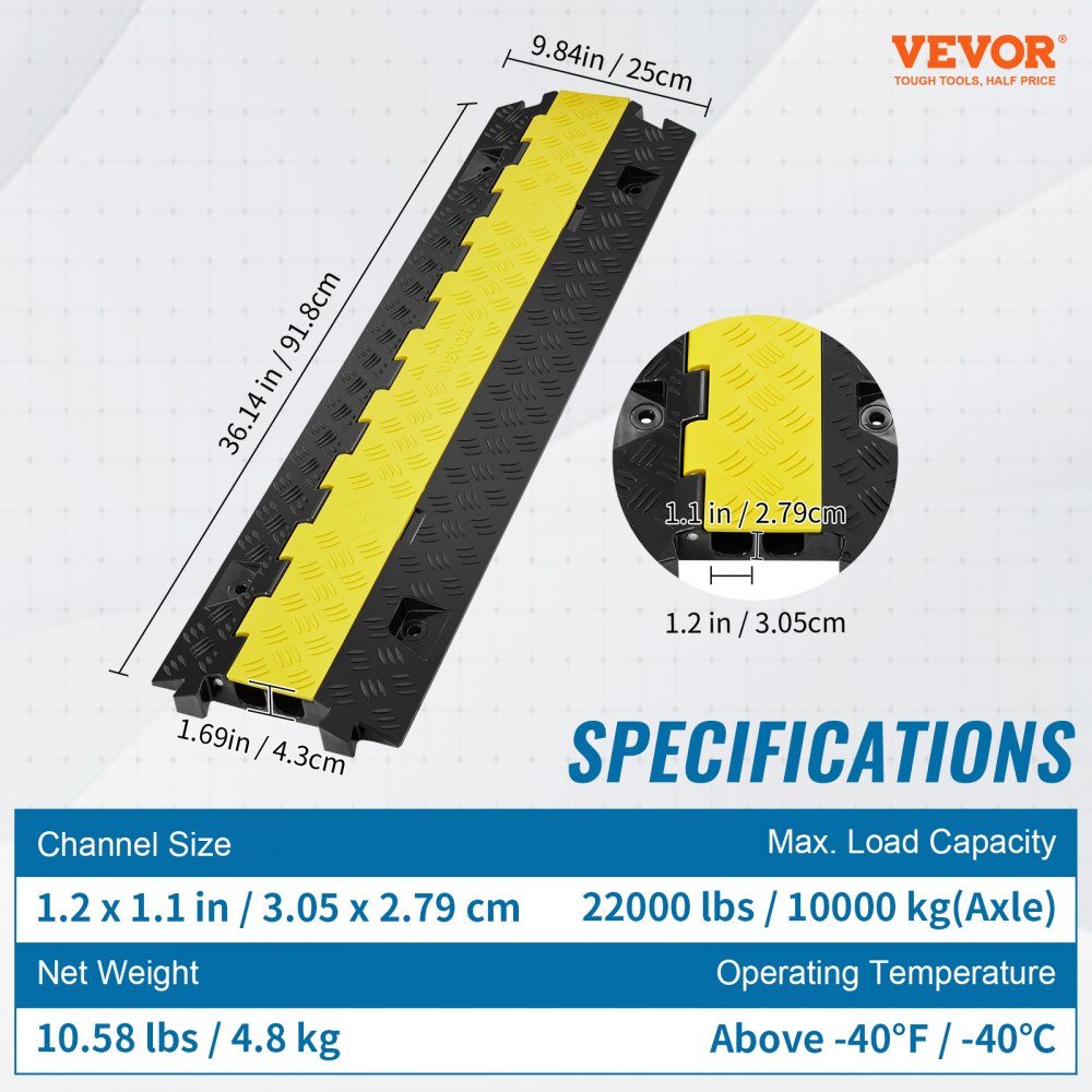 Tapis de protection pour câbles Goulotte de câble noire Goulotte de câble extérieure 91,8x25x4,3 cm 1x pont de câble protection contre les débordements pont de tuyau de câble 2 canaux rampe de 10 000 kg