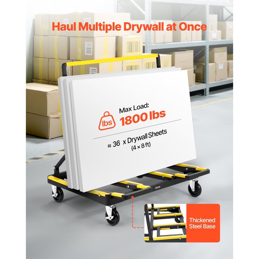 Panel trolley, 816 kg load capacity, transport trolley with 4 swivel castors & extendable loading area, folding panel trolley with lashing strap for transporting plywood, plasterboard, glass