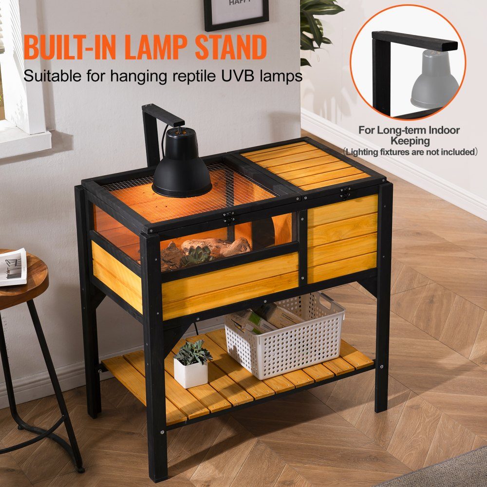 Turtle Habitat, Indoor Outdoor Wooden Turtle House, Turtle Enclosure with Light Stand, Reptile Enclosure, Small Animal Cage with Legs for Gecko, Lizard, Snake