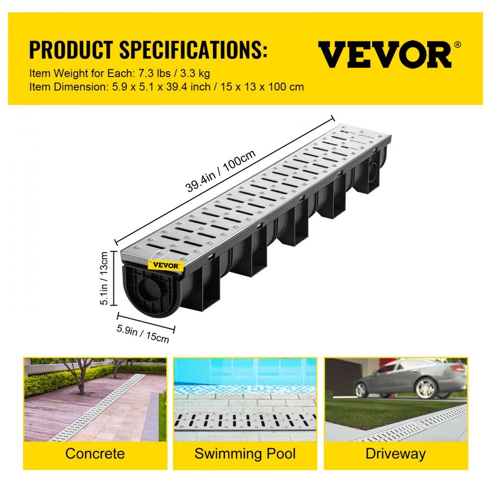 Drainage Gutter Set 3 Pack Patio Gutter Stainless Steel Trench Drainage System 15x13x100cm with 3 End Caps Connector for Garden Drain Driveway Pool Walkway