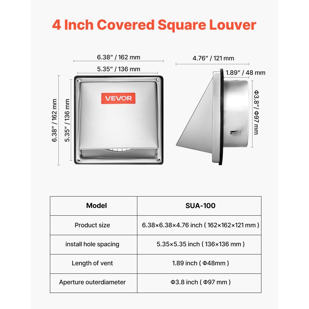 Ventilation grille made of stainless steel, 162x162x121mm, exhaust hood, weather protection grille, weather protection hood, exhaust grille with integrated protective grille, for home, bathroom, garage, kitchen, basement (silver)
