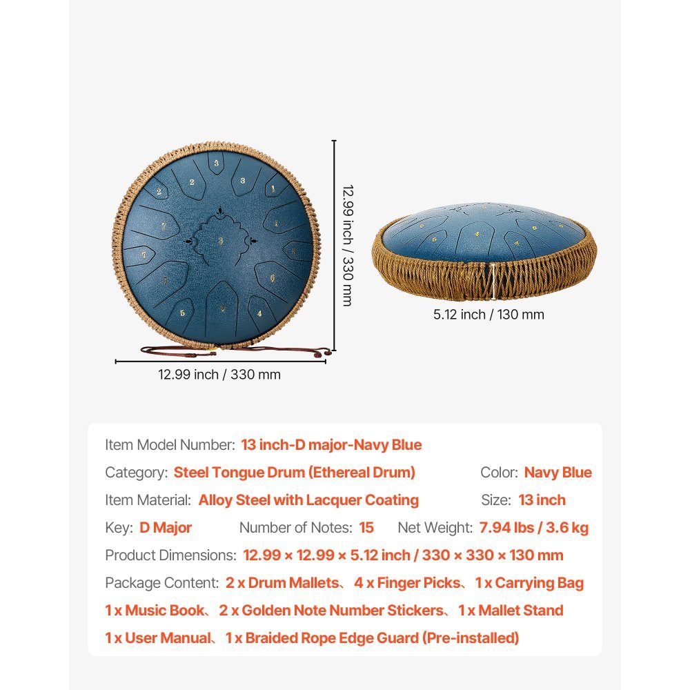 Tongdrum, 13" 15 noten regentrommel, C Major muziekdrums met muziekboek en hamers, stalen tongtrommel voor meditatie, yoga, muzikale training voor beginners, marineblauw