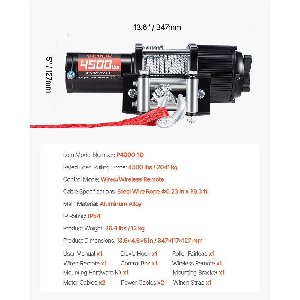Electric Winch 2041kg 12V DC Motor Winch with Φ5.8mm x 12m Steel Cable, Wireless and Wired Remote Control, IP55 Electric Winch for Towing ATVs, UTVs and ATVs