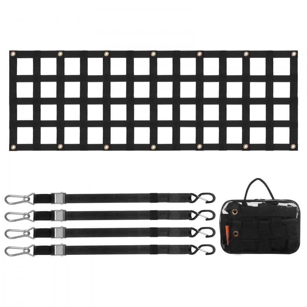 Filet de hayon 1525x470mm Filet de lit de camion avec 4 sangles télescopiques réglables Filet de chargement à réglage flexible extensible et durable adapté aux camions-remorques Jeep SUV – Réf. HT-22658
