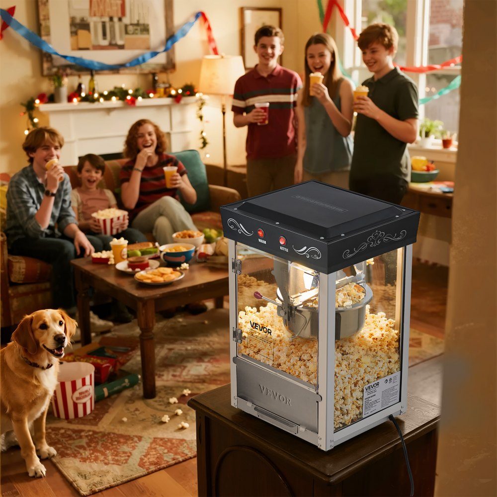 Popcorn Machine with Stainless Steel Boiler, 800W Commercial Popcorn Machine, 48 Cups per Load, Cinema Style, with 2 Button Control, Glass Wall, PC Door, 1 Scoop, 3 Spoons, Black