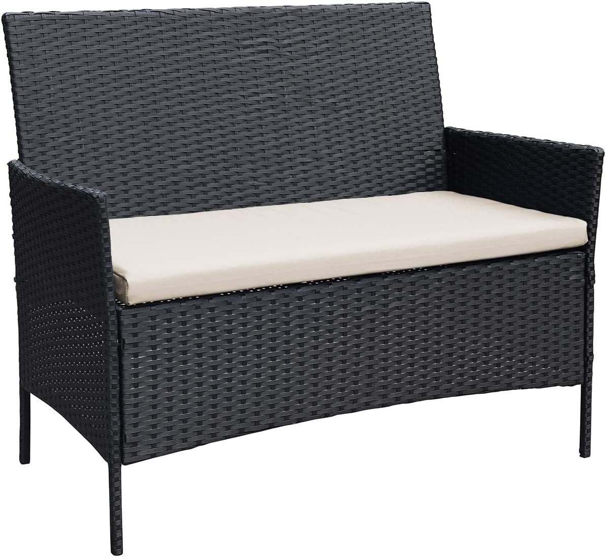 Ribelli 4 Piece Garden Furniture Set, Lounge Set, Cream Cushions - PE Rattan - Table Plus Two Chairs and 1 Bench - Convenient to Store (4 Pieces Black/Cream)
