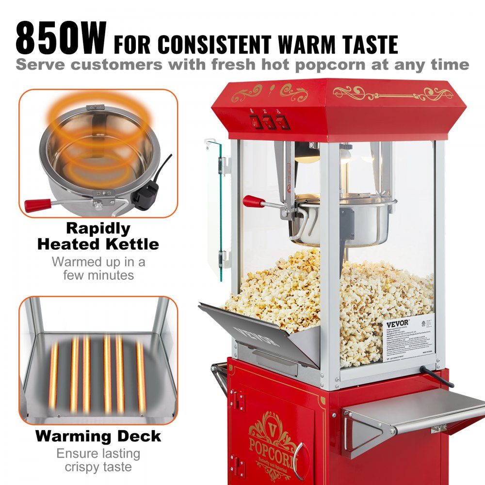 Maszyna do popcornu, Maszyna do popcornu, Maszyna do popcornu z wózkiem, Maszyna do popcornu 850 W, Czajnik 8 uncji na 48 filiżanek na załadunek, Maszyna do popcornu z hartowanym szkłem, Zawiera 4 kulki, Styl kinowy, Czerwony