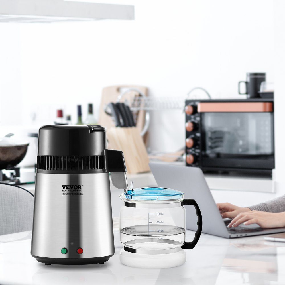 Waterdestilleerder 4L Gezuiverd waterfilter 750W Gedistilleerd water Roestvrij staal Binnendistilleerder Zilver Huishoudelijk 1L water per uur