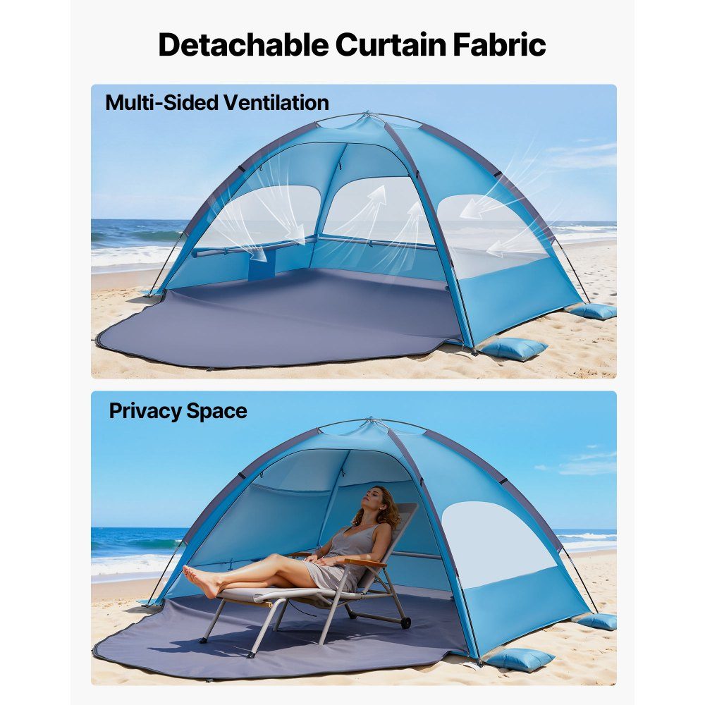 Strandtent Zonnescherm voor 3 personen, UPF 50+ bescherming, draagbare strandtent met draagtas en grondankers, lichtgewicht strandparaplu voor kamperen, vissen, picknicken, zonnetent