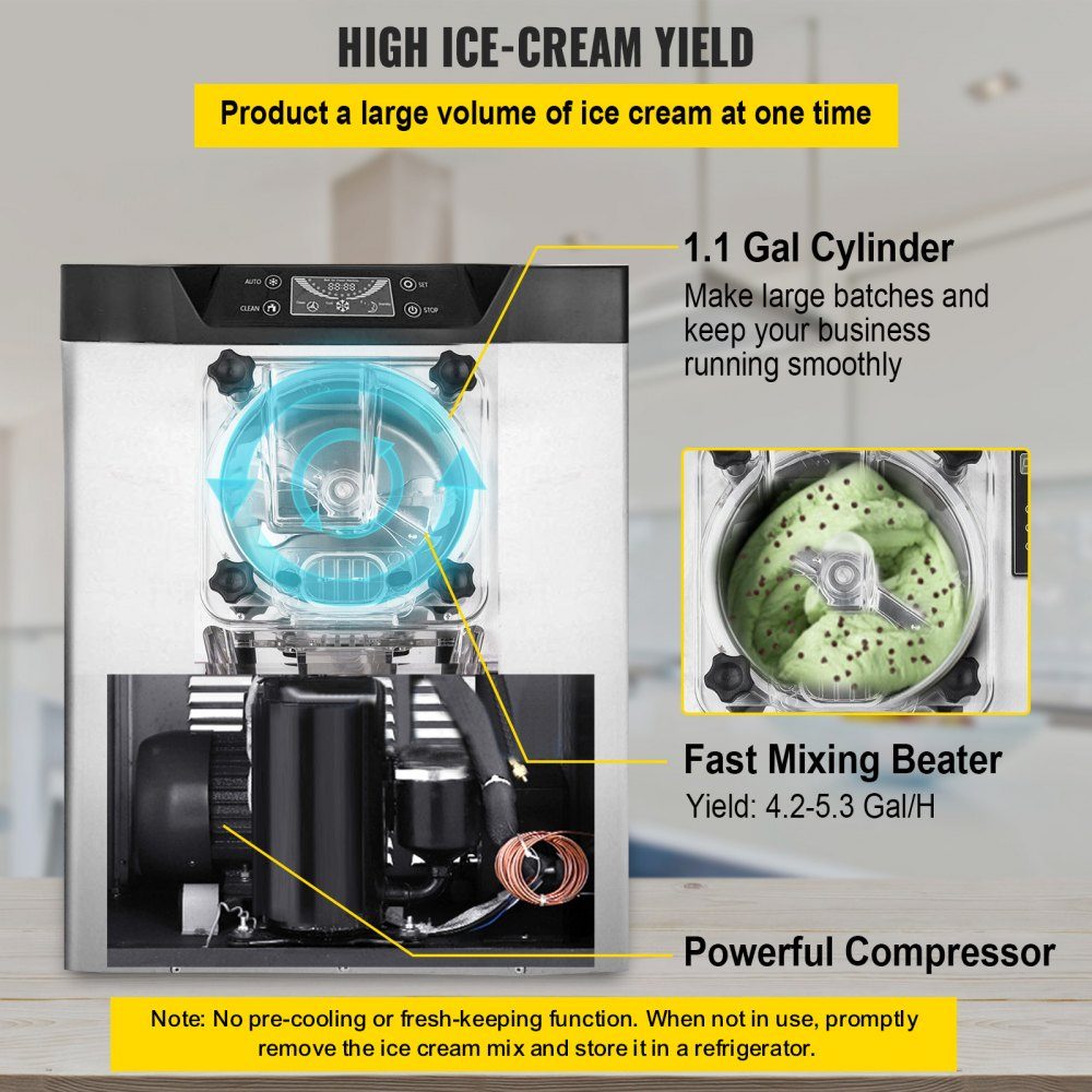Commercial Ice Cream Machine Ice Cream Machine 16-20 L/H Ice Cream, 1400W Hard Ice Cream Machine with Smart LCD Display and Various Flavors, for Snack Bar, Restaurant Silver