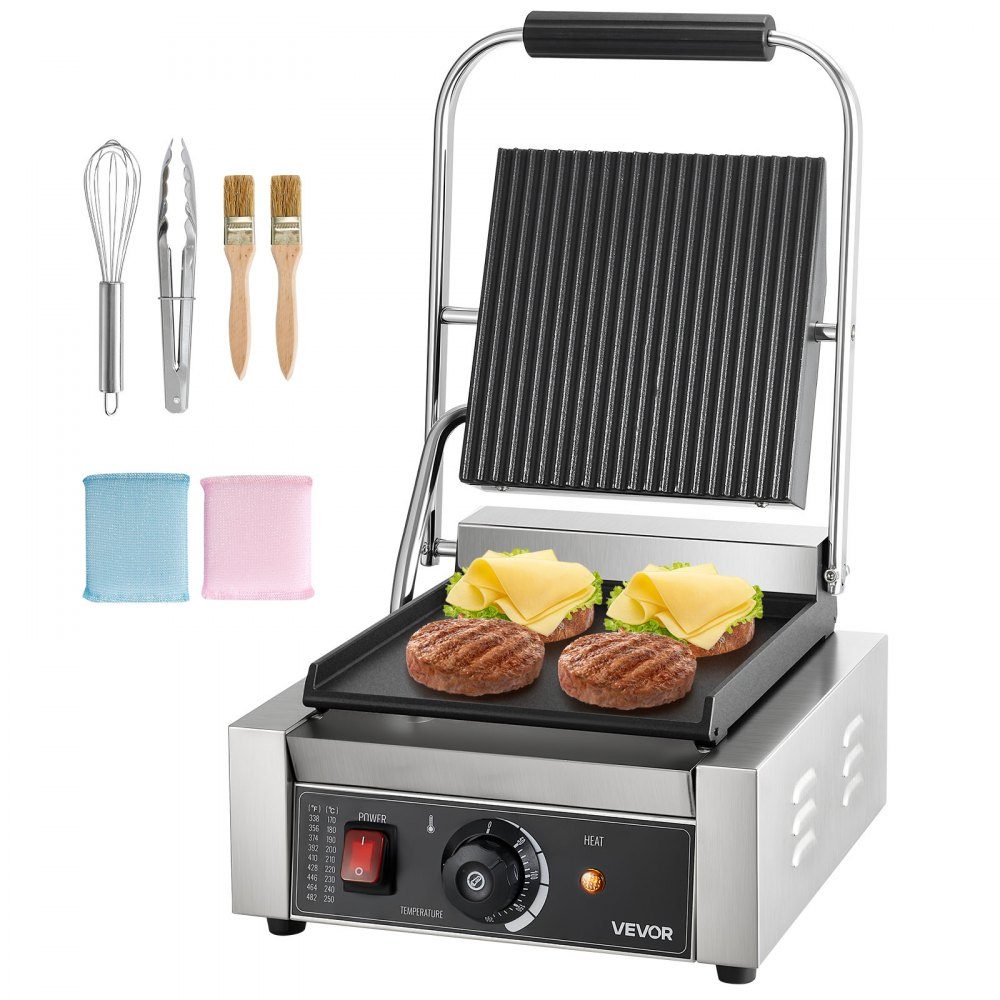 Commerciële contactgrill 1800W elektrische grill tosti-ijzer roestvrijstalen paninipers met handvat en temperatuurregeling, 22 x 23 cm platte geëmailleerde plaat (enkel) voor hamburger steak spek
