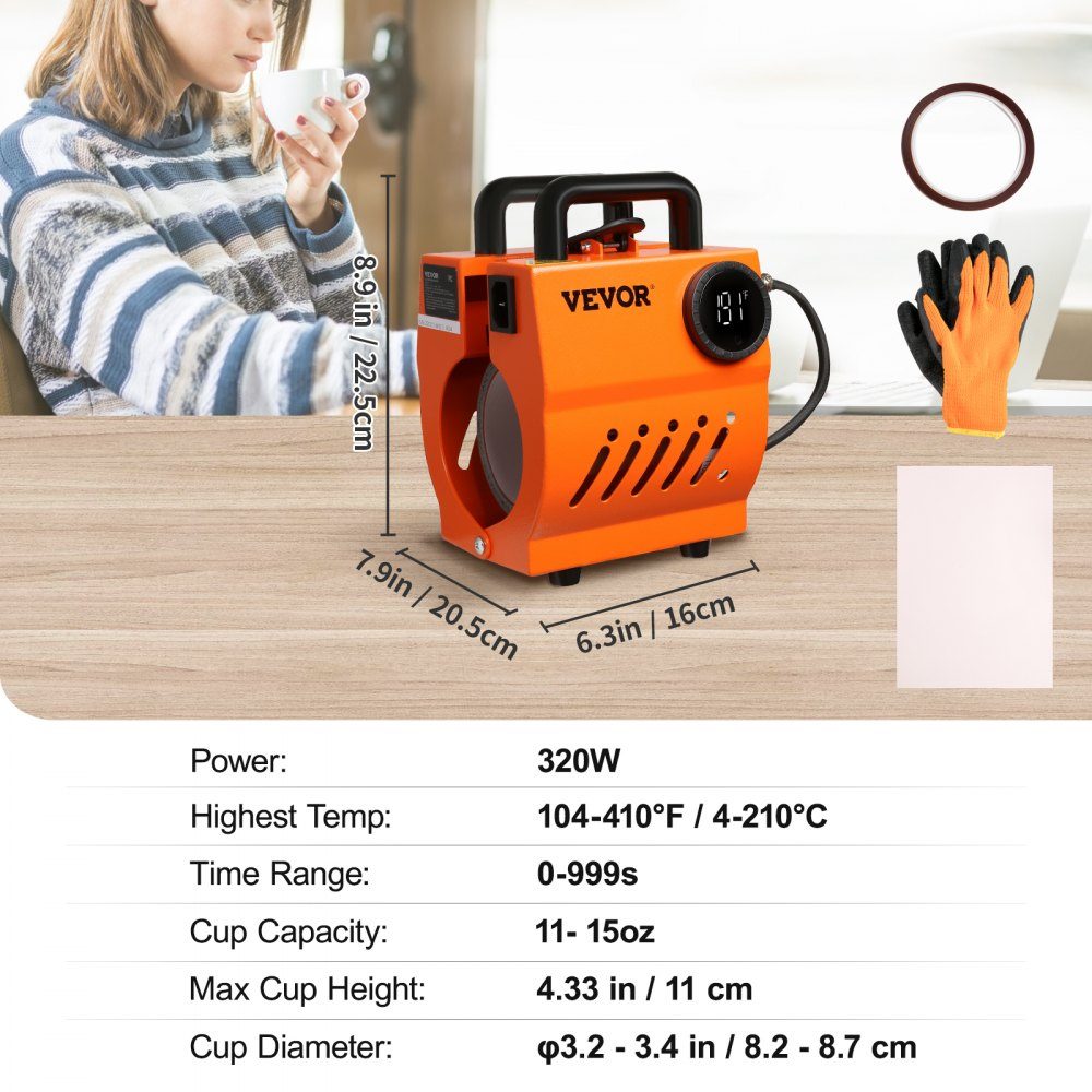 Presse à Sublimation pour tasses, 11 à 425.24g, 350W, impression par Sublimation, hauteur maximale de 11cm, 8.2 à 8.7cm, Portable