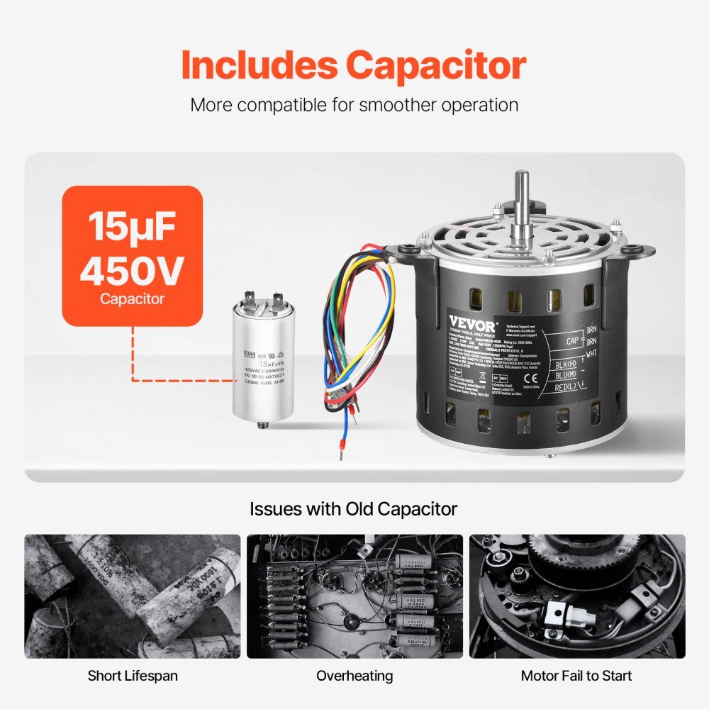 1/2 HP blower motor, 220V, 2.6A, 1300RPM, 3 speeds (1300/1100/800RPM), 10mm shaft diameter, 20mm shaft RED clockwise from shaft end, including CBB60 15μF/450V capacitor