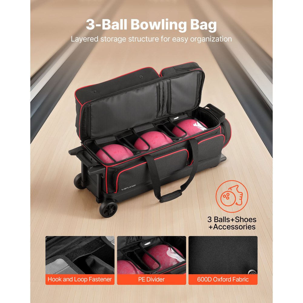Bowlingbaltas voor 3 ballen met dubbele wielen en apart compartiment voor schoenen (tot US maat 16) en extra groot accessoirevak, uittrekbaar handvat uitschuifbaar tot 105 cm Zwart + Rood Bowlingbaltas voor 3 ballen met dubbele wielen en apart compartiment voor schoenen (tot US maat 16) en extra groot accessoirevak, uittrekbaar handvat uitschuifbaar tot 105 cm Zwart + Rood