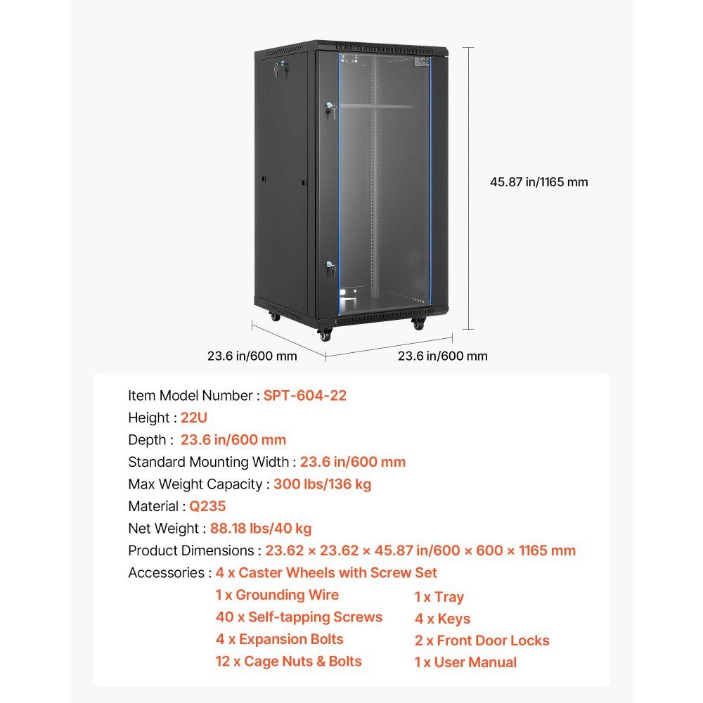 22U-Netzwerkschrank, 600 mm Tiefe, 136 kg maximale Tragfähigkeit, Serverschrank-Rack-Gehäuse mit abschließbarer Tür aus gehärtetem Glas, Seitenwände, Server-Rack für IT-Geräte, A/V-Geräte