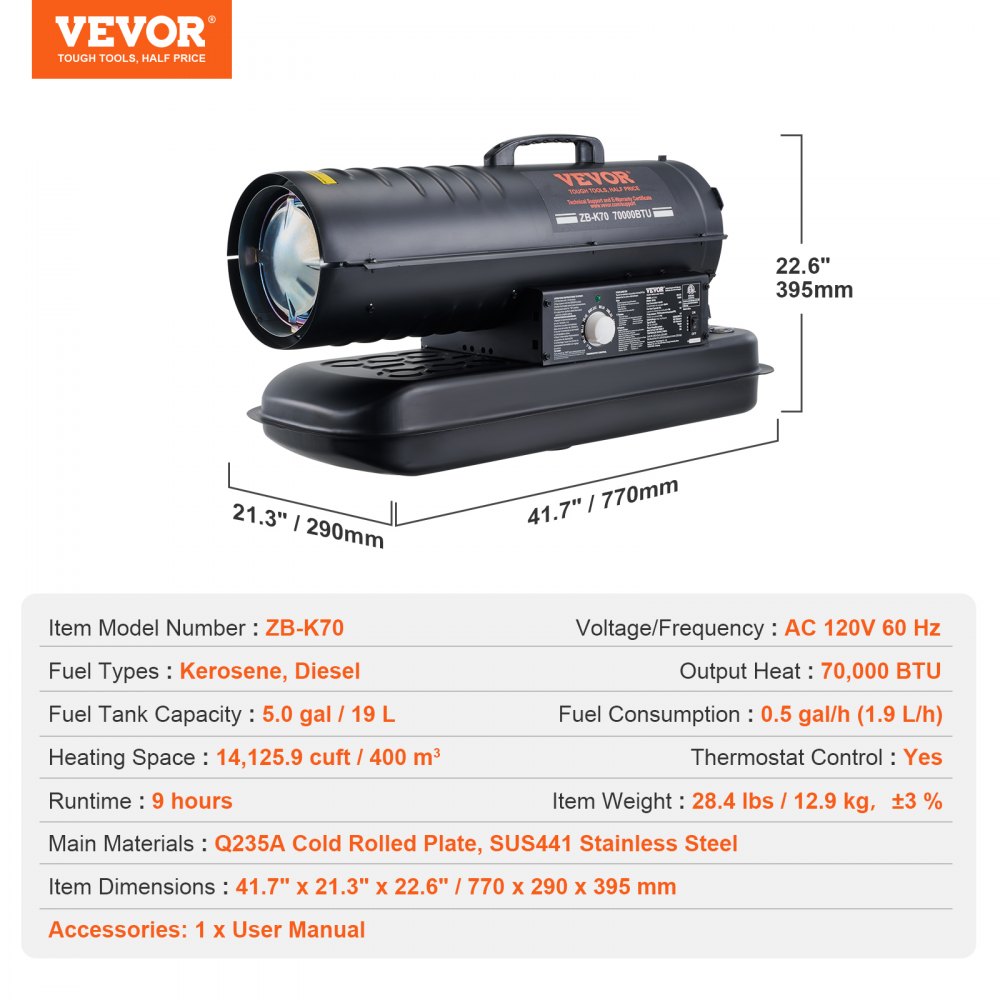 Kerosine/Diesel Heteluchtverwarmer, 70000 BTU Torpedo Ruimteverwarmer, Draagbaar met Thermostaatregeling, 19L Tank, Efficiënte Binnen Buiten Kerosine Verwarming voor Thuis, Bouwplaats, Industrieel, Werkplaatsen, Zwart