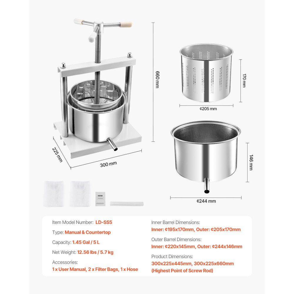 Fruit Wine Press, Fruit Grinder (5L), with 2 Stainless Steel Barrels, Manual Juicer for Wine Making, Cider Press, Apple Press, Grape Press, Olive Oil Press with Triangular Handle for Kitchen