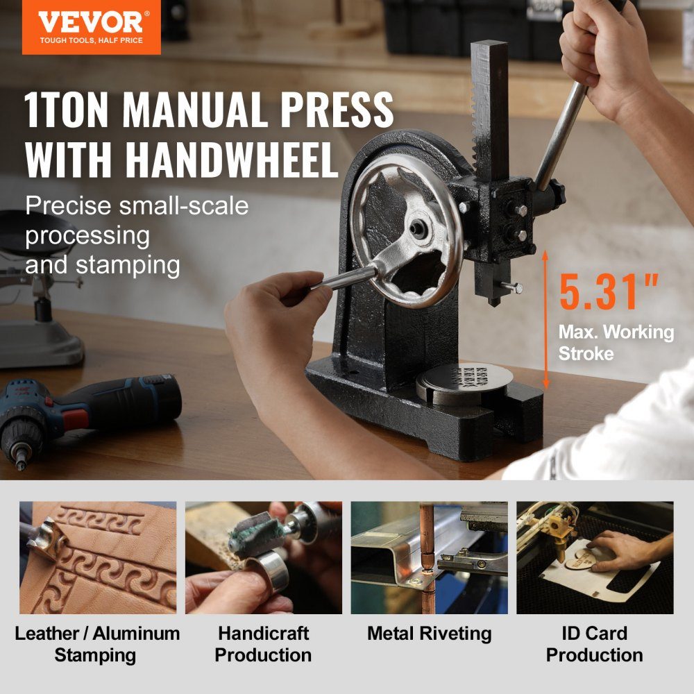 Mandrel Press, 1 Ton Hand Lever Press, Manual Mandrel Press Precision Hand Press, 135mm Maximum Height, Desktop Manual Cast Iron Punch Press for Punching, Bending, Stretching, Forming