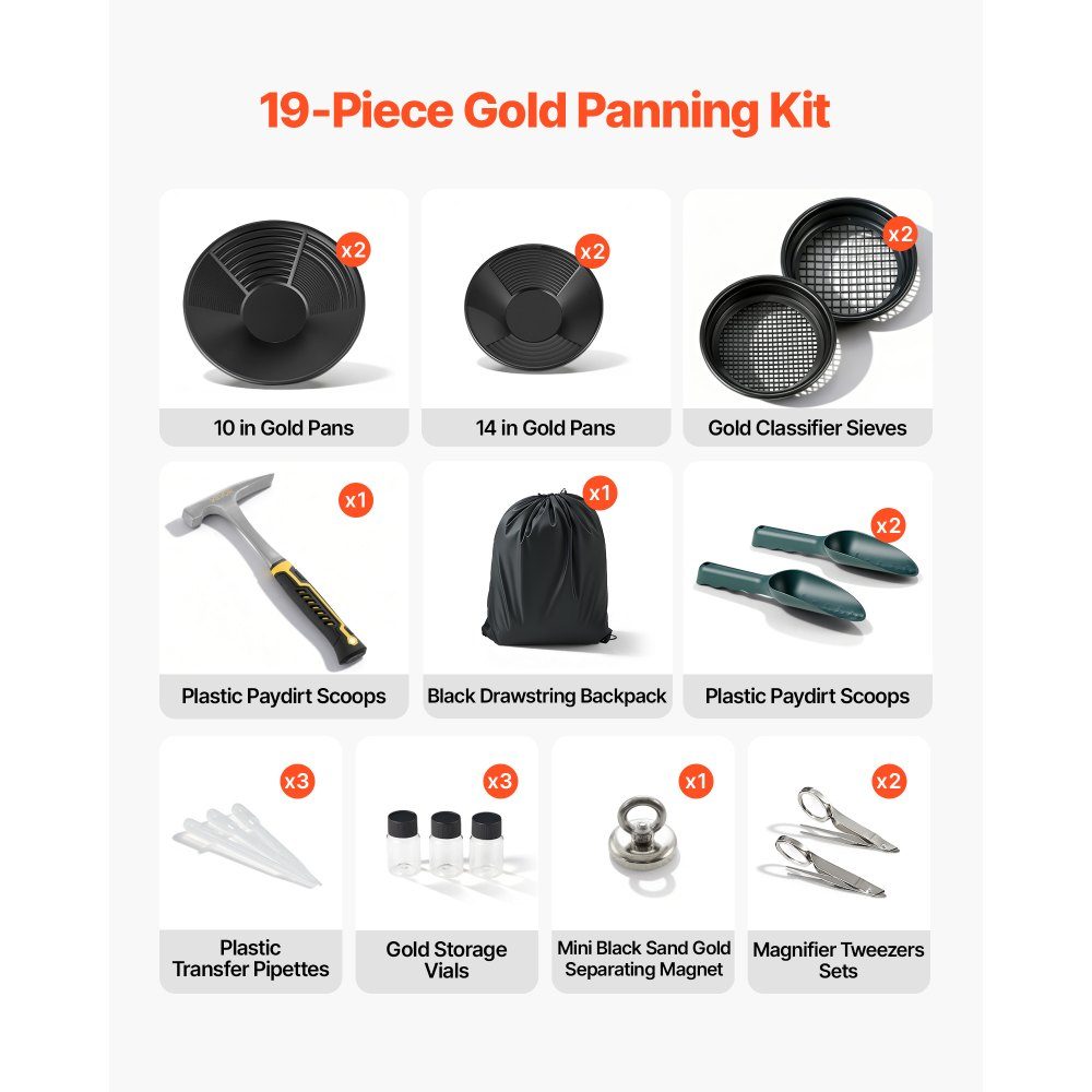 Goldpfanne 10 & 14 Zoll, Goldpfanne aus PP, 19 Stück. Tragbar, mit Sortiersieben, Sandmagnet, Steinpickel, Schaufeln, Rucksack und Zubehör, goldenem Waschwannen-Tablett-Set, schwarz