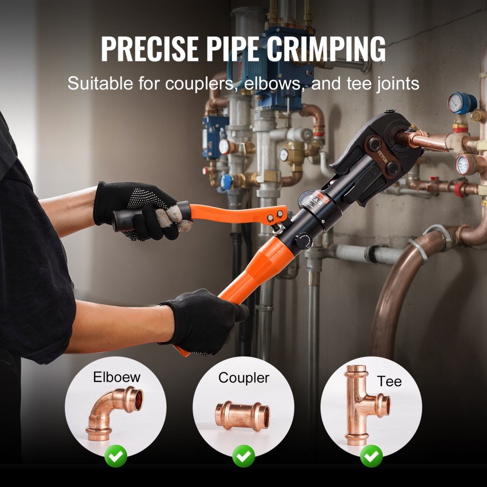 Hydraulic pipe crimping tool for copper pipe connections, pressing pliers with V12, V15, V18, V22, V28 quick-change jaws, 360° rotating press set for T-connections in tight spaces, hydraulically powered