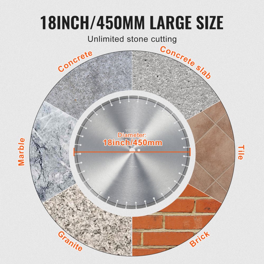 Diamond saw blade concrete saw blade 45 cm for wet or dry work, 12 mm diamond segment saw blade with flat teeth, center hole diameter 25.4 mm, for concrete, cement boards, tiles, bricks Diamond saw blade concrete saw blade 45 cm for wet or dry work, 12 mm diamond segment saw blade with flat teeth, center hole diameter 25.4 mm, for concrete, cement boards, tiles, bricks