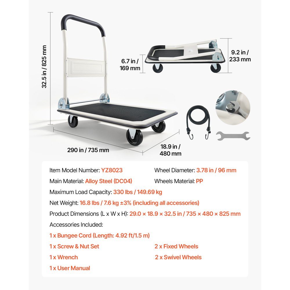 Folding platform trolley 150 kg, transport trolley with swivel castor, hand trolley loading area with anti-slip coating, transport aid for easy storage, 735x480x825 mm trolley