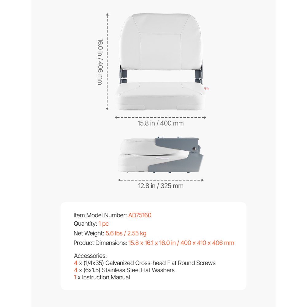 1 Piece Boat Seat Low Back Folding Fishing Boat Seat with Thick Sponge Cushion and Waterproof Hinges Made of PVC Leather and Aluminum Alloy for Yachts Boats White