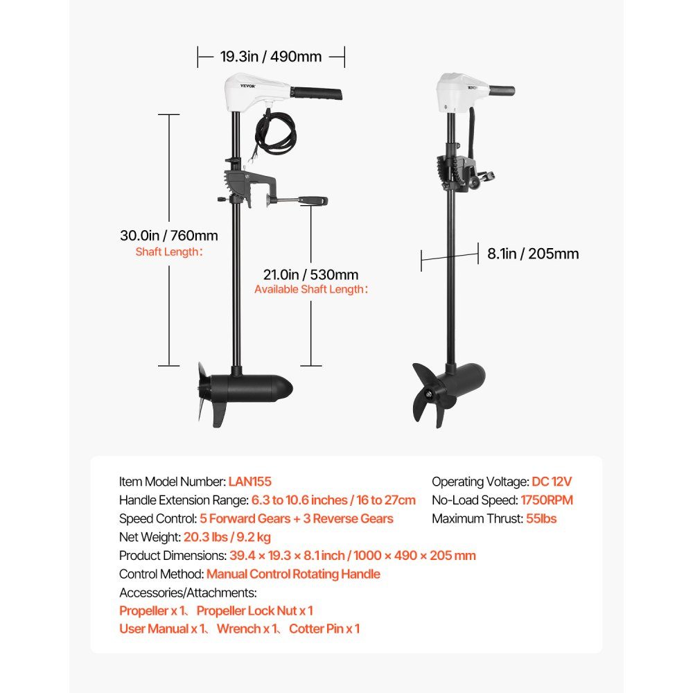Elektrischer Außenbordmotor, Bootsmotor, Heckmontage, 12 V, 25 kg Schub, 8-Gang-Trolling-Motor mit Batterieanzeige, für Kajaks, Angelboote auf Süß-/Salzwasser, 76 cm Schaft