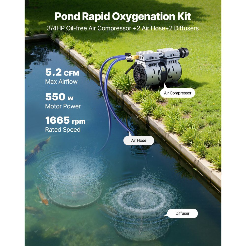 Pond Aerator, Pond Aeration System Kit, Includes 590W Air Pump, 30.5m Air Hose, 2 x 360° Nano Diffuser Plate, Air Compressor for Oxygen Circulation for Pond, Water Garden
