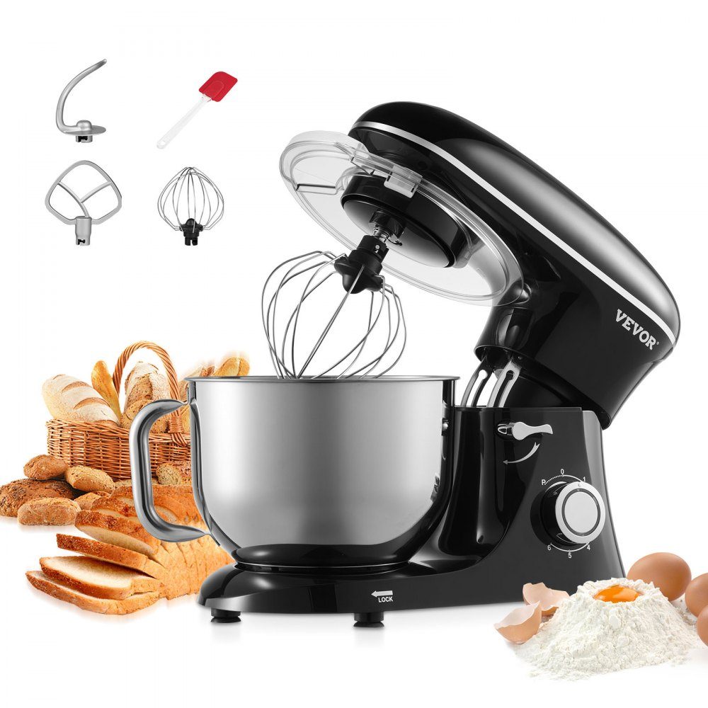 Robot culinaire Mélangeur de pâte 1400 W 5,68 L Robot culinaire à tête inclinable Bol en acier inoxydable Crochet pétrisseur Fouet Grattoir Robot culinaire domestique pour la cuisson et le mélange Noir