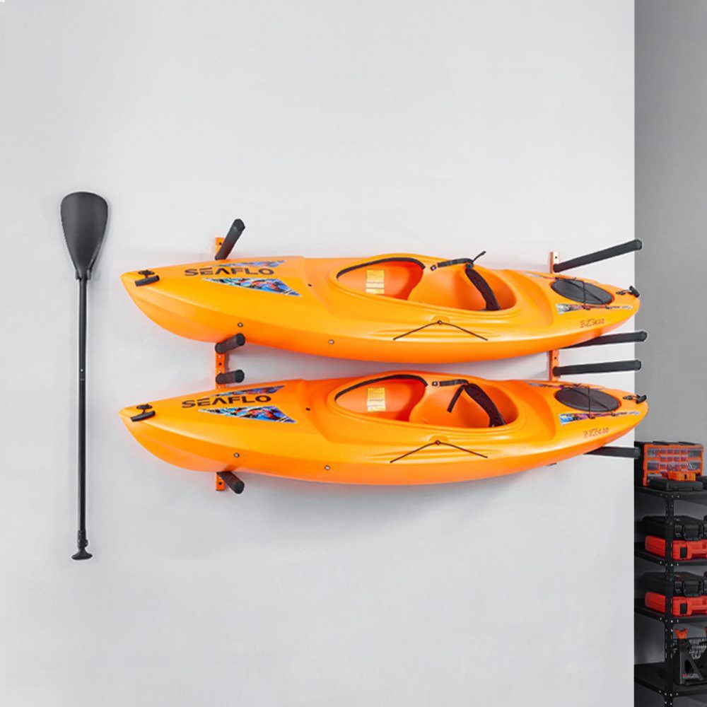 Wieszak na kajak do montażu ściennego 1168 x 850 x 45 mm Stojak na kajak na 4 kajaki 797,5 ± 10 mm Długość ramienia nośnego 400 funtów Nośność Stojak do przechowywania kajaków Wytrzymałe haczyki do przechowywania kajaków