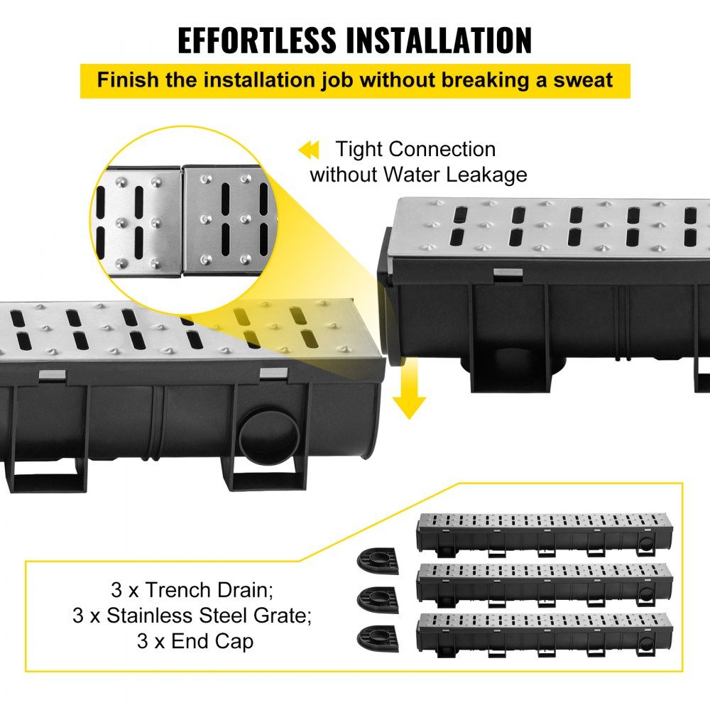 Drainage Gutter Set 3 Pack Patio Gutter Stainless Steel Trench Drainage System 15x13x100cm with 3 End Caps Connector for Garden Drain Driveway Pool Walkway